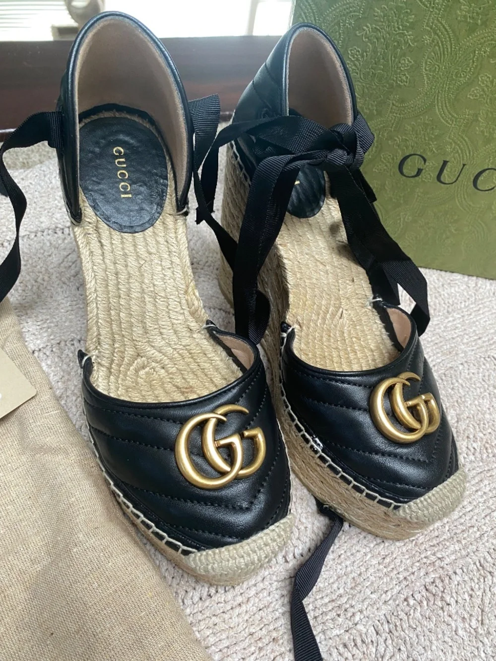 Gucci black monogram espadrilles with ankle ties
